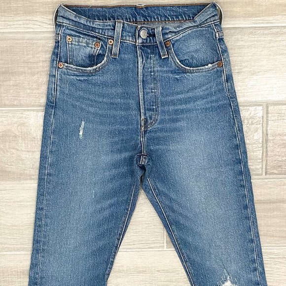 Levi's Premium 501 Distressed Skinny Jeans in Post Modern Blues Women's Size 24 - Picture 6 of 10